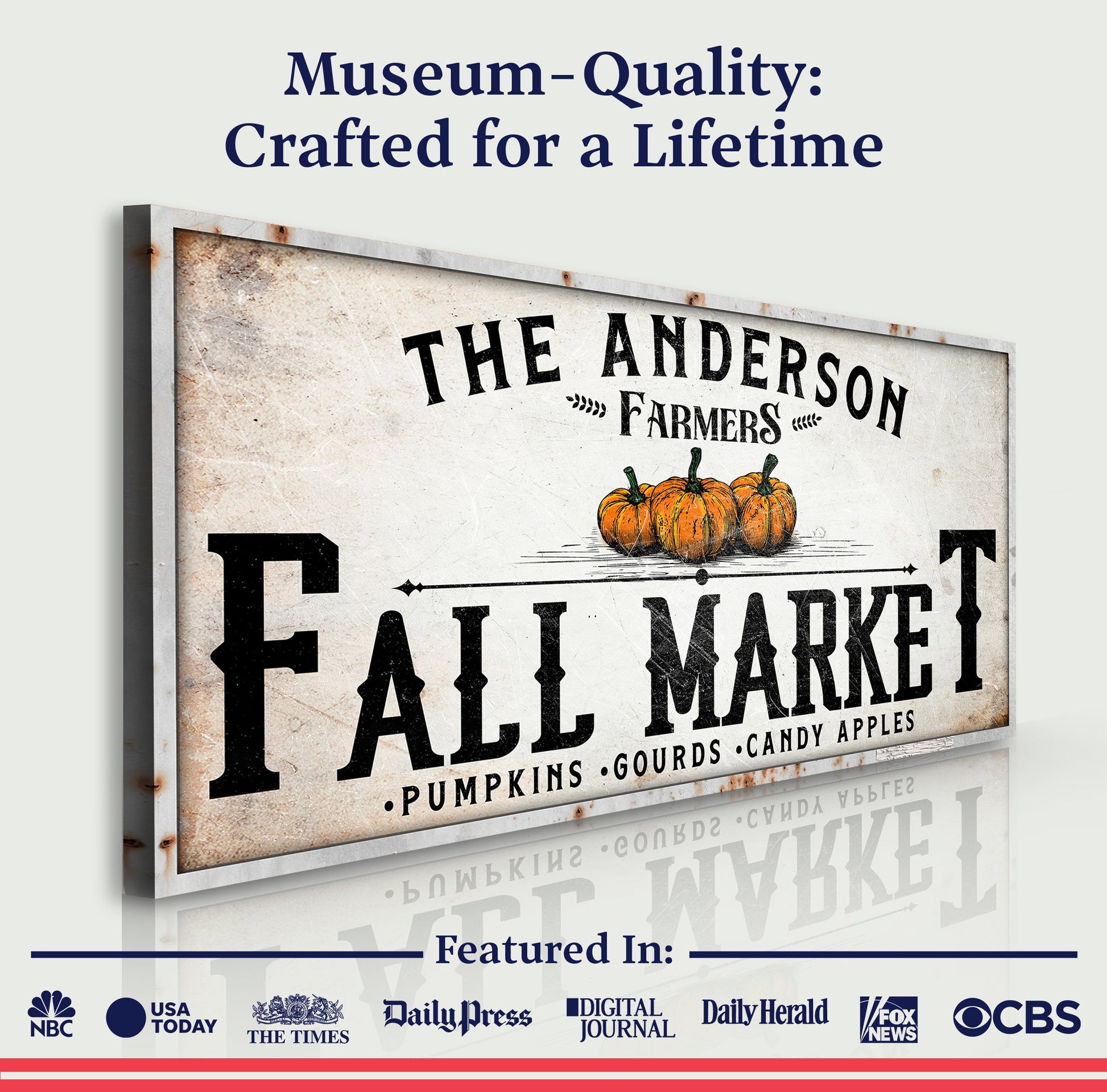 Farmers Fall Market Sign canvas with vintage black typography and pumpkins on a rustic frame on Tampa Home & Garden Store