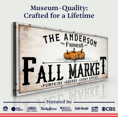 Farmers Fall Market Sign canvas with vintage black typography and pumpkins on a rustic frame on Tampa Home & Garden Store