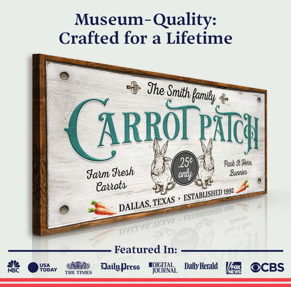 Farm Fresh Carrot Patch II canvas sign by Tailored Canvases with wood frame and teal text on Tampa Home & Garden Store