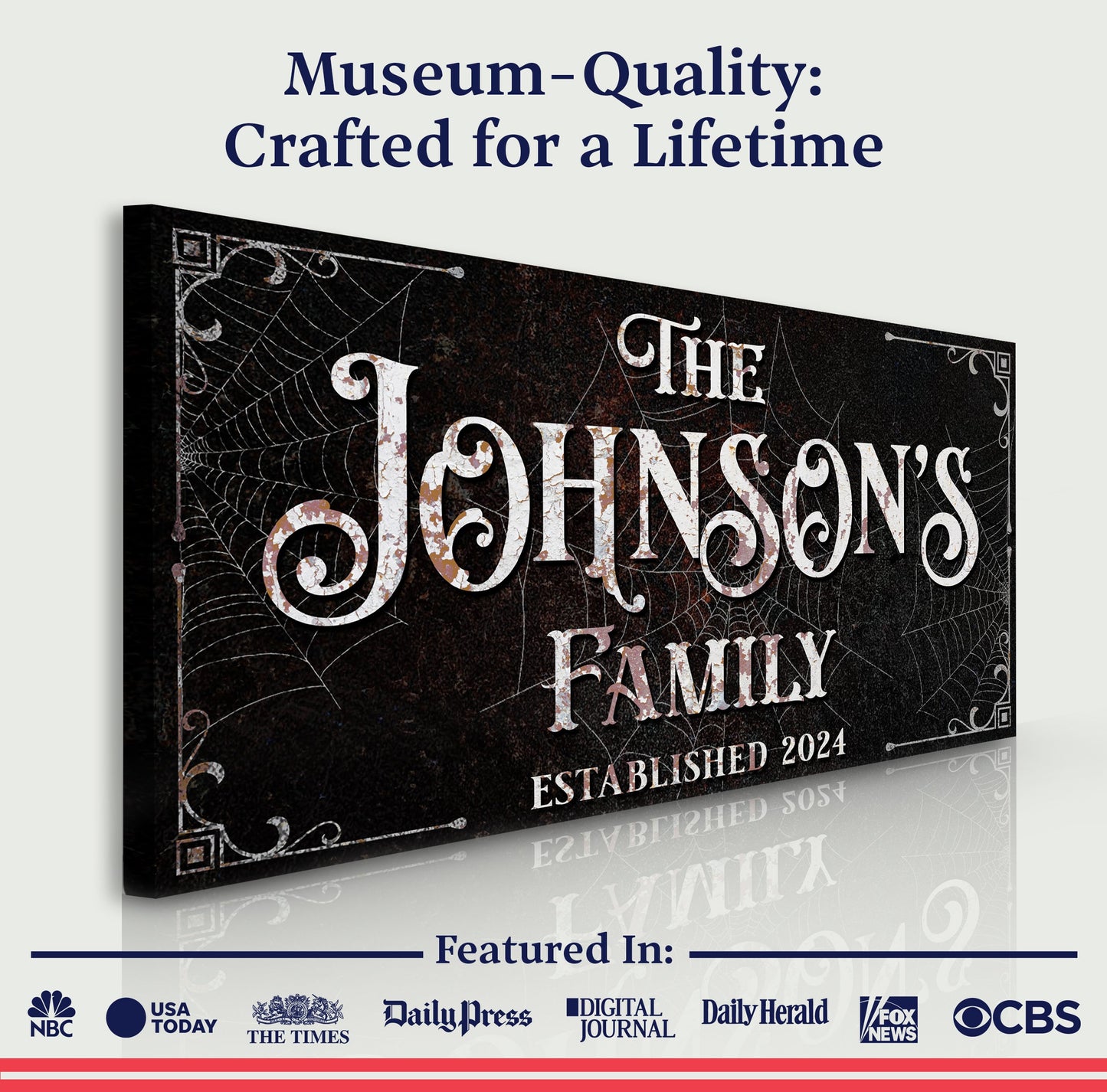 Personalized Gothic Sign canvas by Tailored Canvases with ornate white lettering on Tampa Home & Garden Store