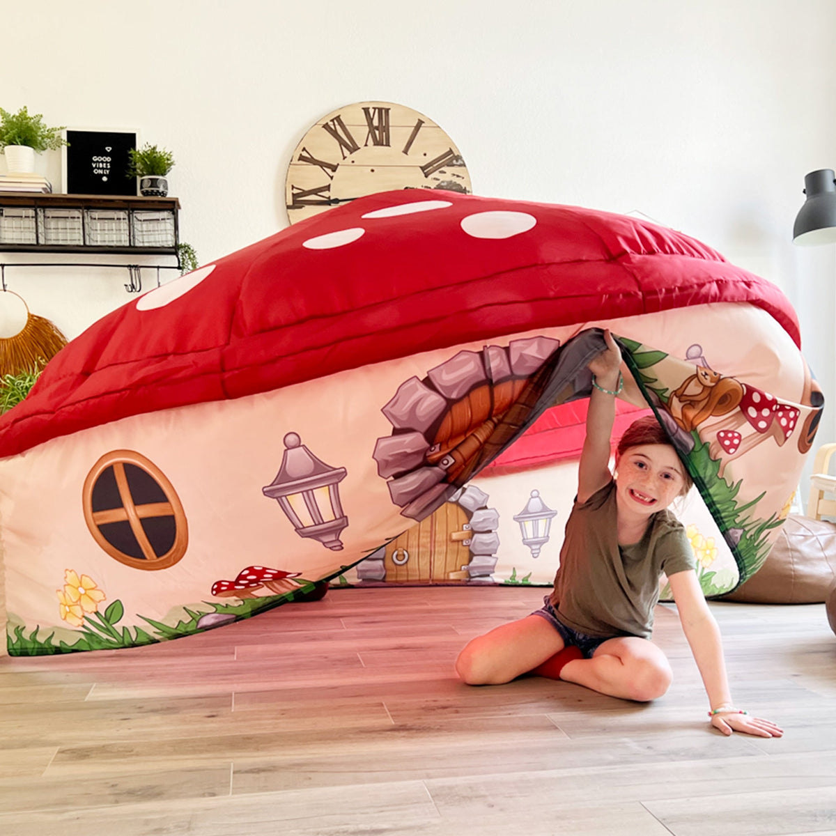 AirFort Mushroom House play tent red with white polka spots 2 kids inside AirFort.com on Tampa Home & Garden Store