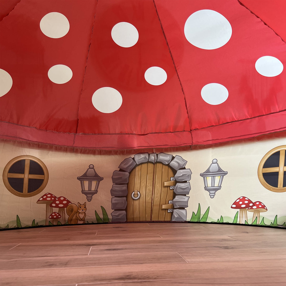 AirFort Mushroom House play tent in red fabric with white polka dots and cottage door mural on Tampa Home & Garden Store