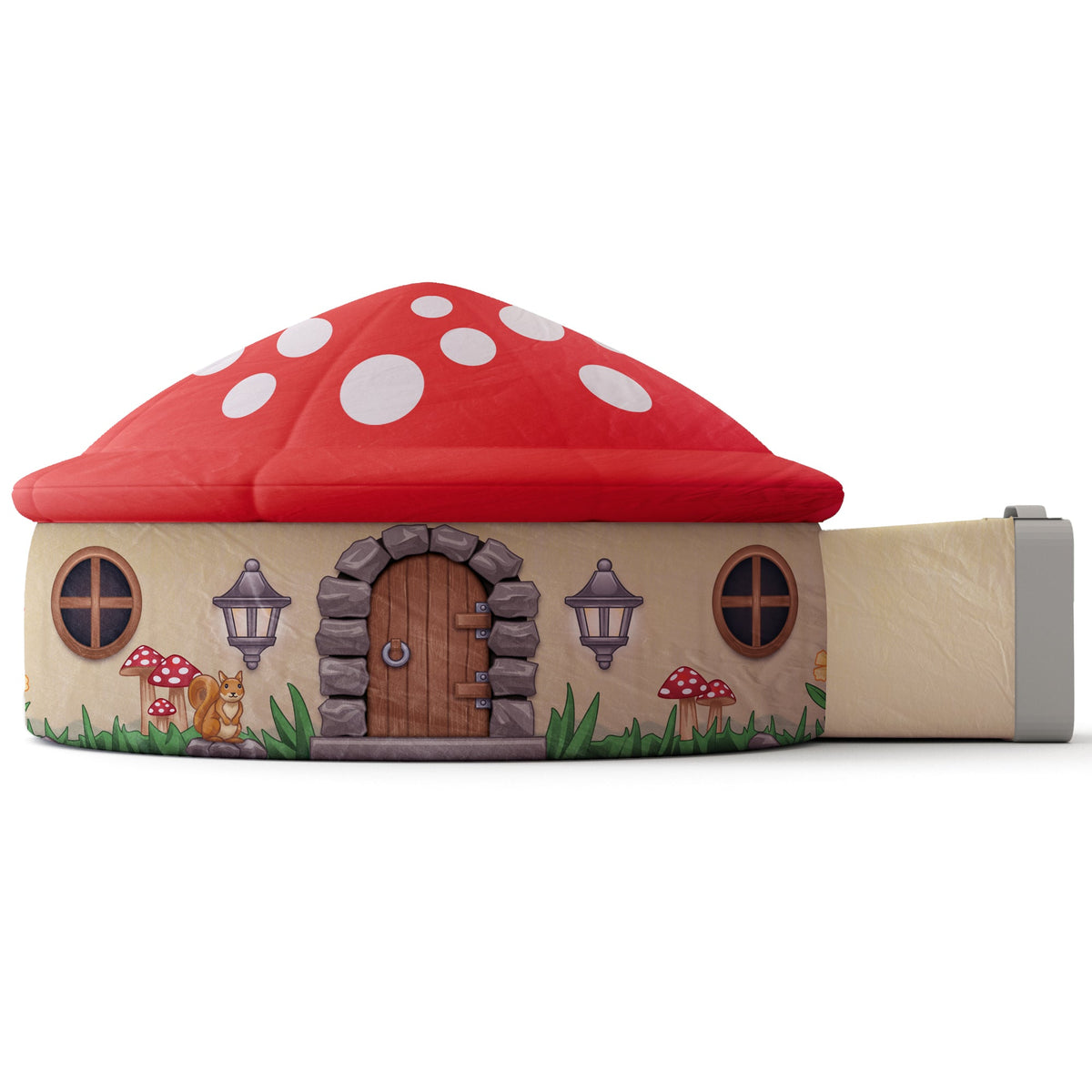 AirFort Mushroom House play tent with red spotted roof, stone arched doorway, round windows on Tampa Home & Garden Store