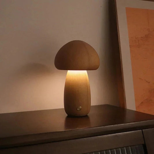 Mushroom Bedside Lamp – Touch-Controlled Dimmable Beech Wood Nightstand Light