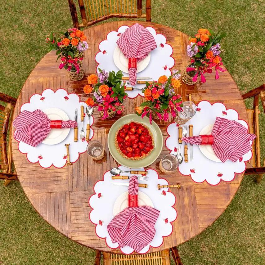 Mushroom Placemat With Red Stitch Border, six scalloped placemats with red border by Talah Home on Tampa Home & Garden Store
