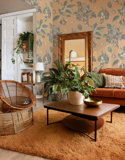 Muted Vintage Orchard Wallpaper, orange - Tampa Home & Garden Store