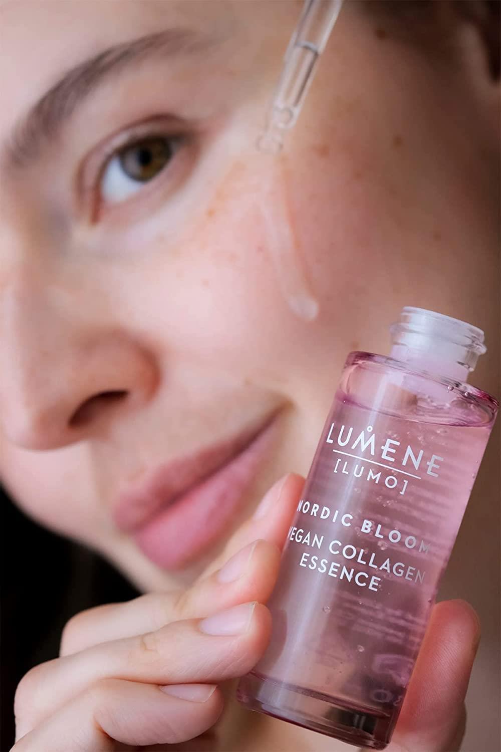 Lumene Illumo Nordic Bloom vegan collagen essence serum bottle with pink liquid and dropper on Tampa Home & Garden Store