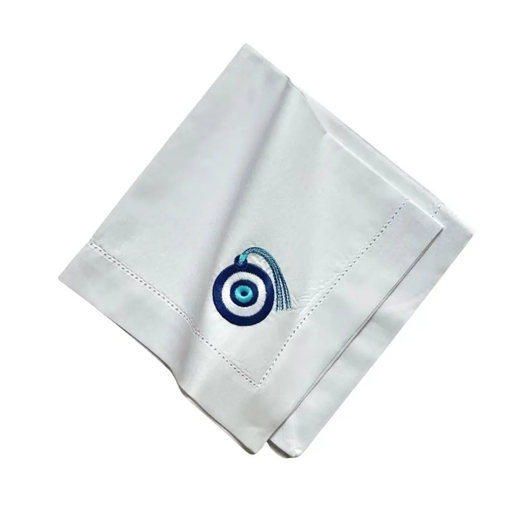 Mykonos napkin with blue evil eye embroidery, white cloth napkin by Talah Home on Tampa Home & Garden Store