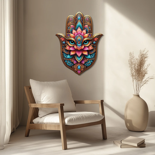 Enova Art Mystic Hamsa metal wall art; Boho evil eye with vibrant UV-printed design on Tampa Home & Garden Store