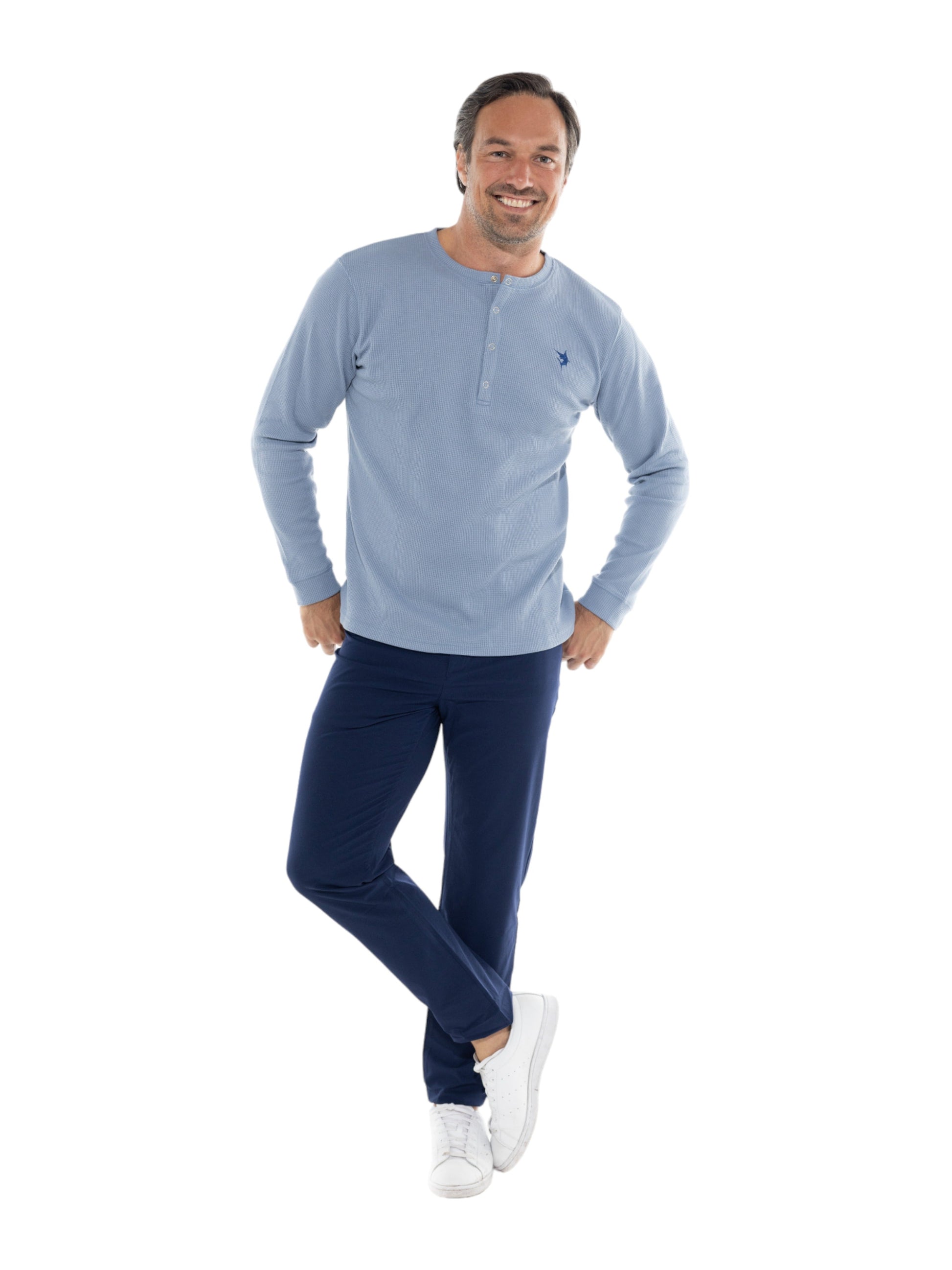 Mystic Henley long-sleeve shirt by White Water Life in light blue with small chest logo on Tampa Home & Garden Store