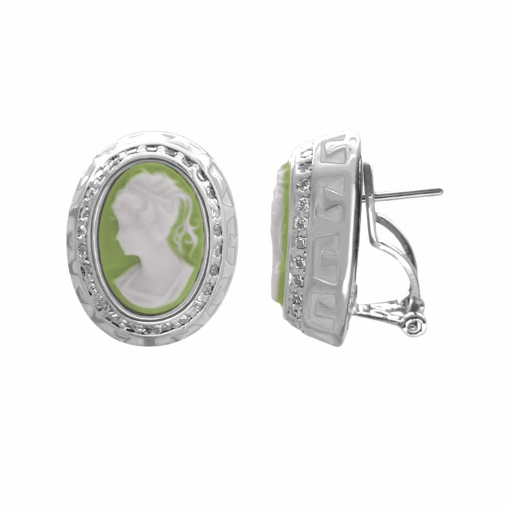 Cameo Rome button earrings by Lauren G Adams, silver-tone oval cameo with green background on Tampa Home & Garden Store