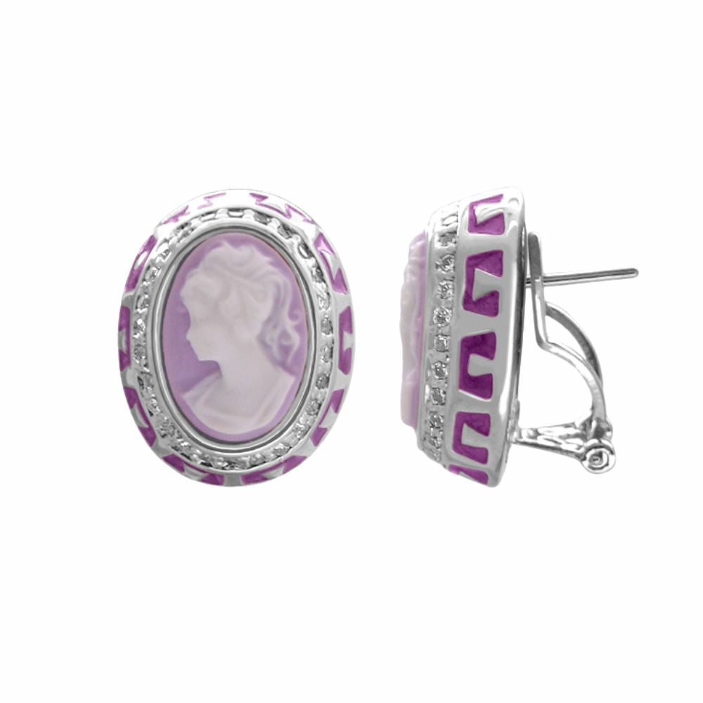 Cameo Rome button earrings with lavender cameo, purple enamel border and pavé crystals on Tampa Home & Garden Store