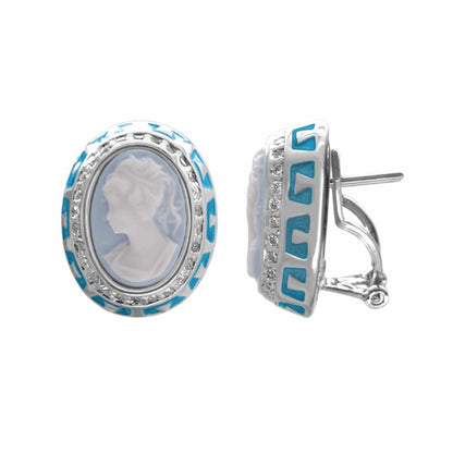 Button earrings Cameo Rome by Lauren G Adams, oval cameo with blue inlay and crystal halo on Tampa Home & Garden Store