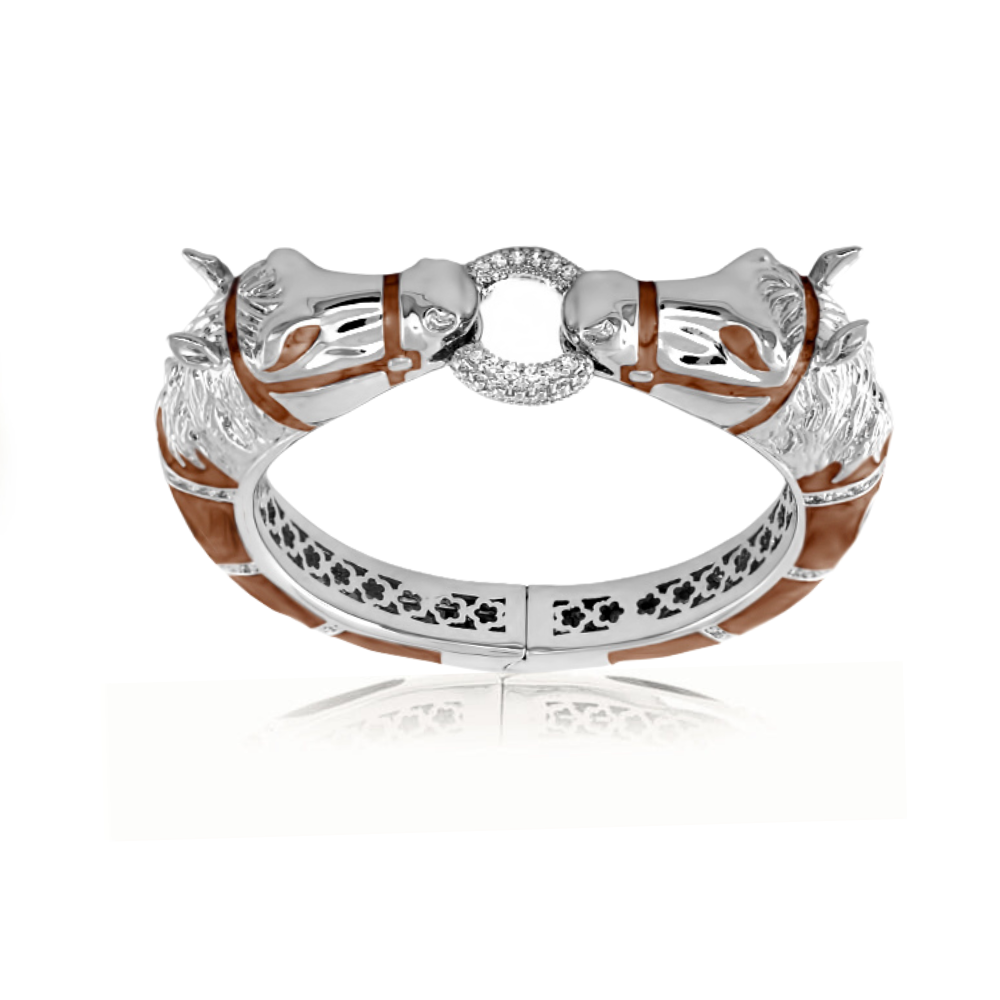 Bracelet Equestrian Horse Bangle Pave Circle Lauren G Adams, silver with brown leather accents on Tampa Home & Garden Store