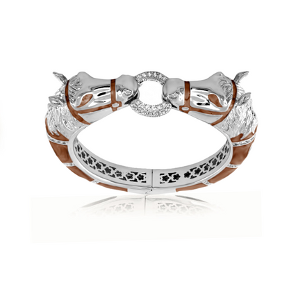Bracelet Equestrian Horse Bangle Pave Circle Lauren G Adams, silver with brown leather accents on Tampa Home & Garden Store