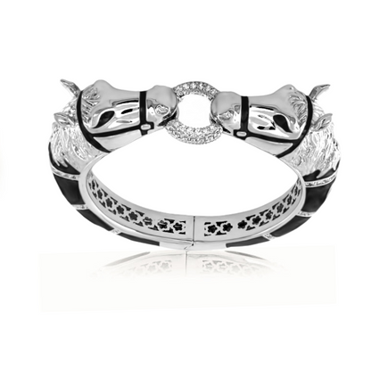 Equestrian Horse Bangle by Lauren G Adams, with horse-head ends and pavé circle clasp on Tampa Home & Garden Store