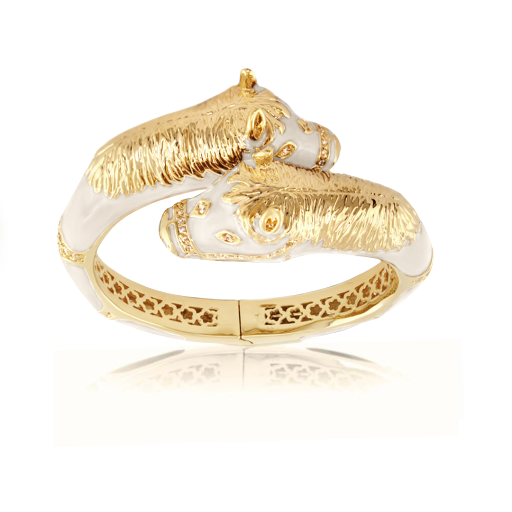 Equestrian Horse Bangle bracelet, gold-tone with white enamel crossover heads, Lauren G Adams on Tampa Home & Garden Store