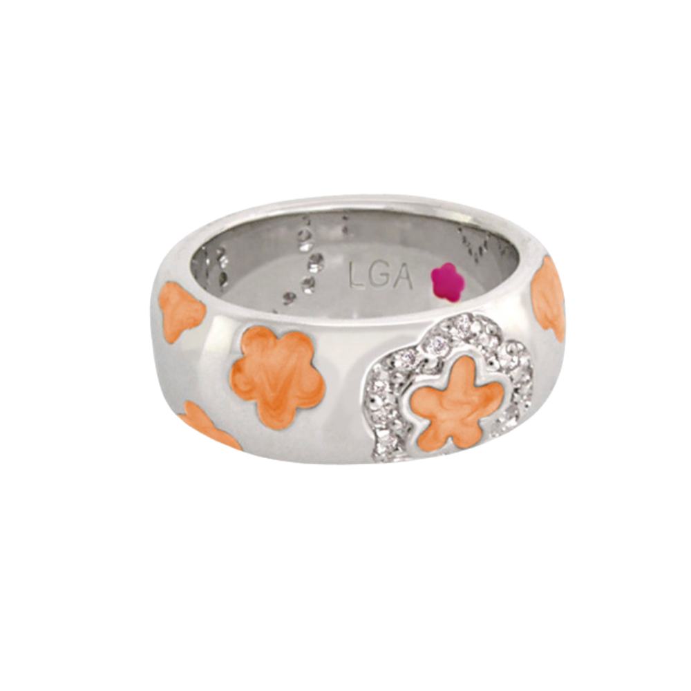 Daisy Love Ring - Silver Scatter with orange enamel daisies and crystal heart accent by LGA on Tampa Home & Garden Store