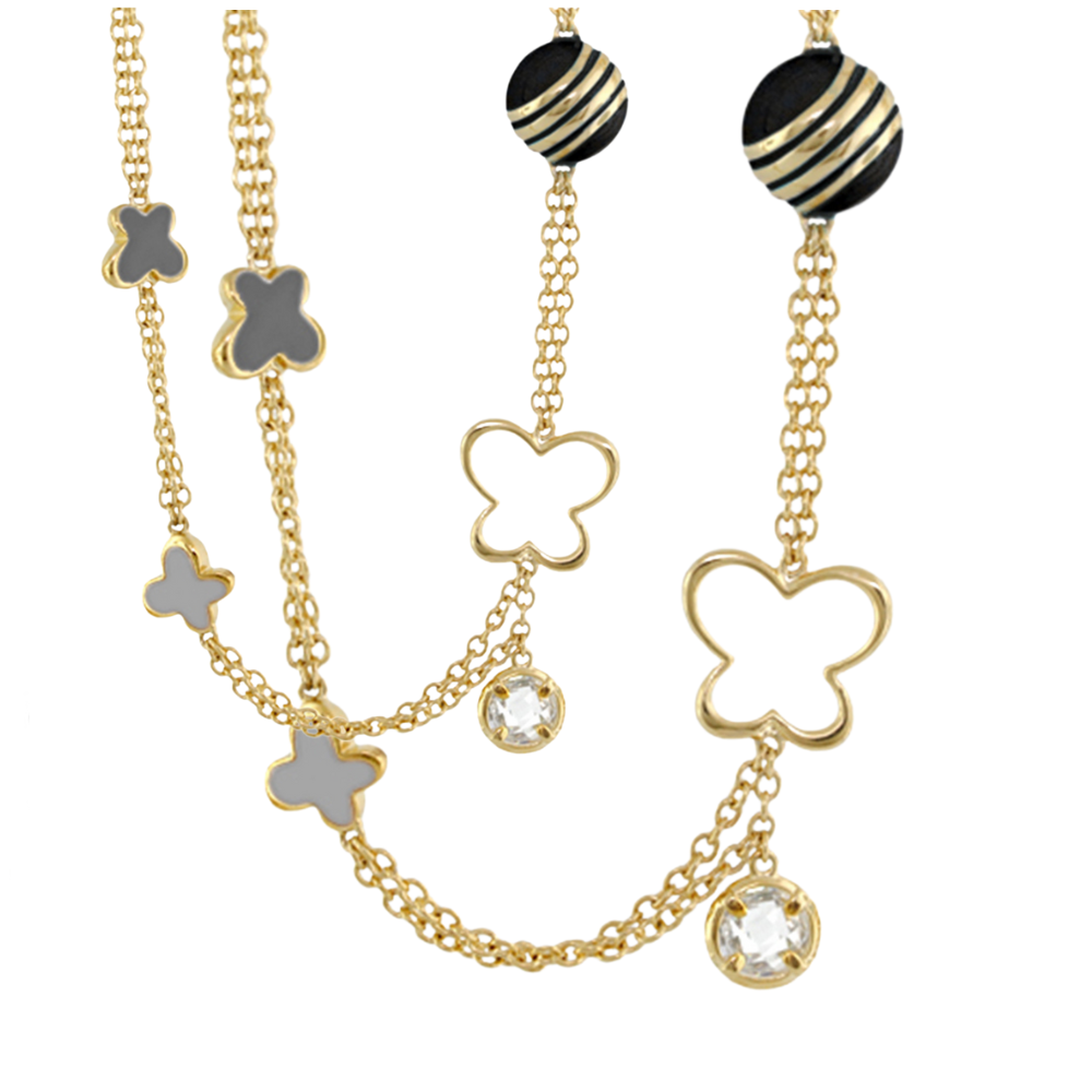 You Neek Long Necklace by Lauren G Adams, gold chain with clover charms and crystal drops on Tampa Home & Garden Store
