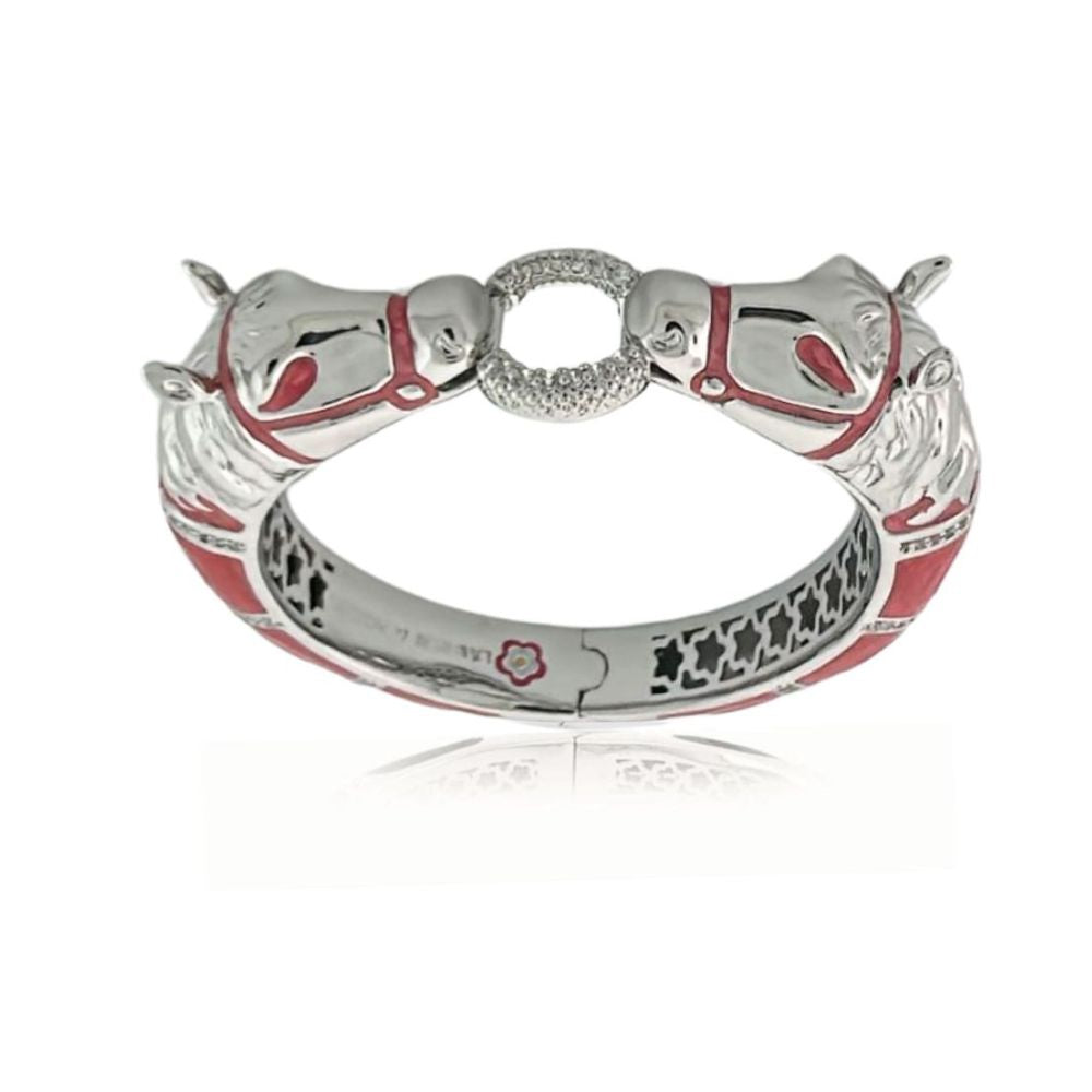 Bracelet: Lauren G Adams Equestrian Horse Bangle with two silver horse heads and pavé circle clasp, red accents on Tampa Home & Garden Store