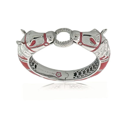 Bracelet: Lauren G Adams Equestrian Horse Bangle with two silver horse heads and pavé circle clasp, red accents on Tampa Home & Garden Store