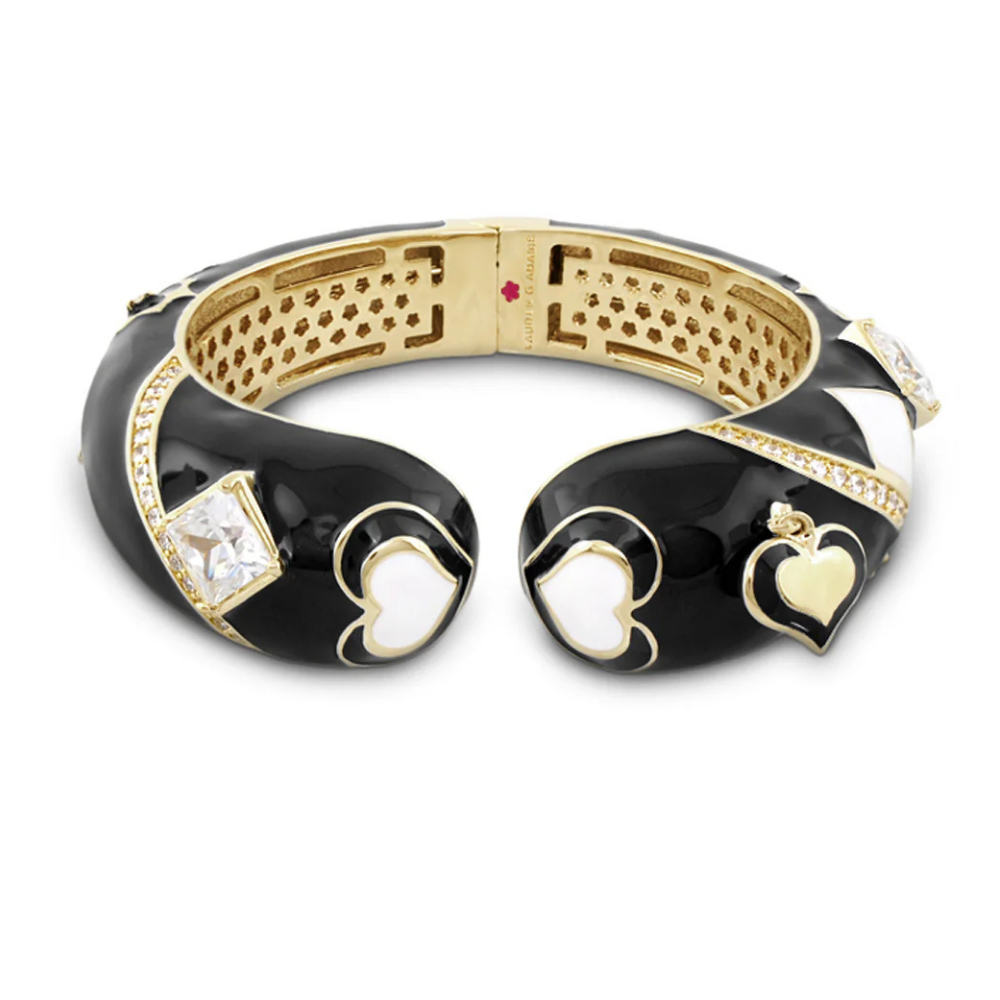 Fantasy Bangle by Lauren G Adams, black enamel bracelet with gold-tone trim and hearts on Tampa Home & Garden Store