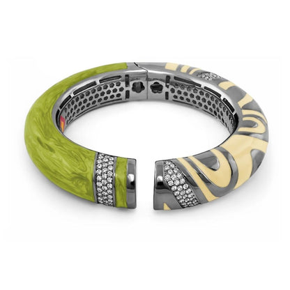 Moon of Dust Bangle hinged bracelet in lime green and gold-tone zebra pattern with diamonds on Tampa Home & Garden Store