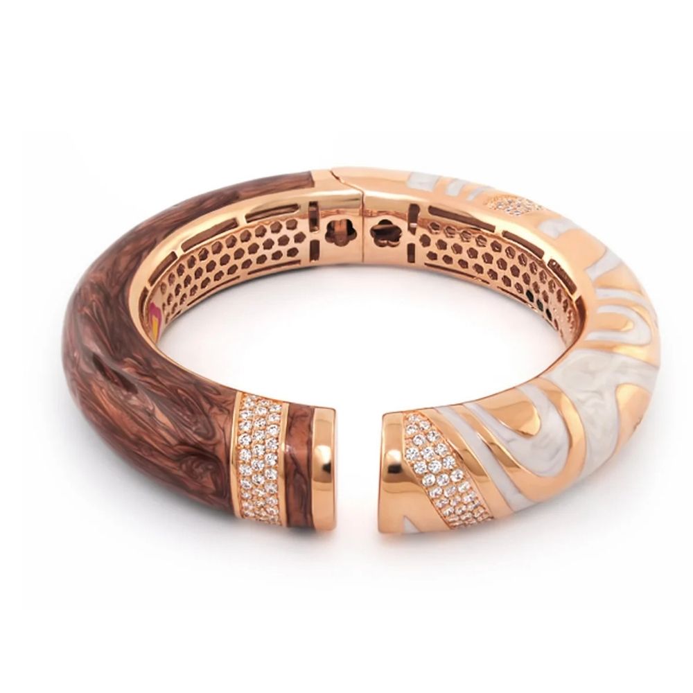 Moon of Dust Bangle, rose gold hinged bracelet with pavé diamonds and wood/marble inlays on Tampa Home & Garden Store
