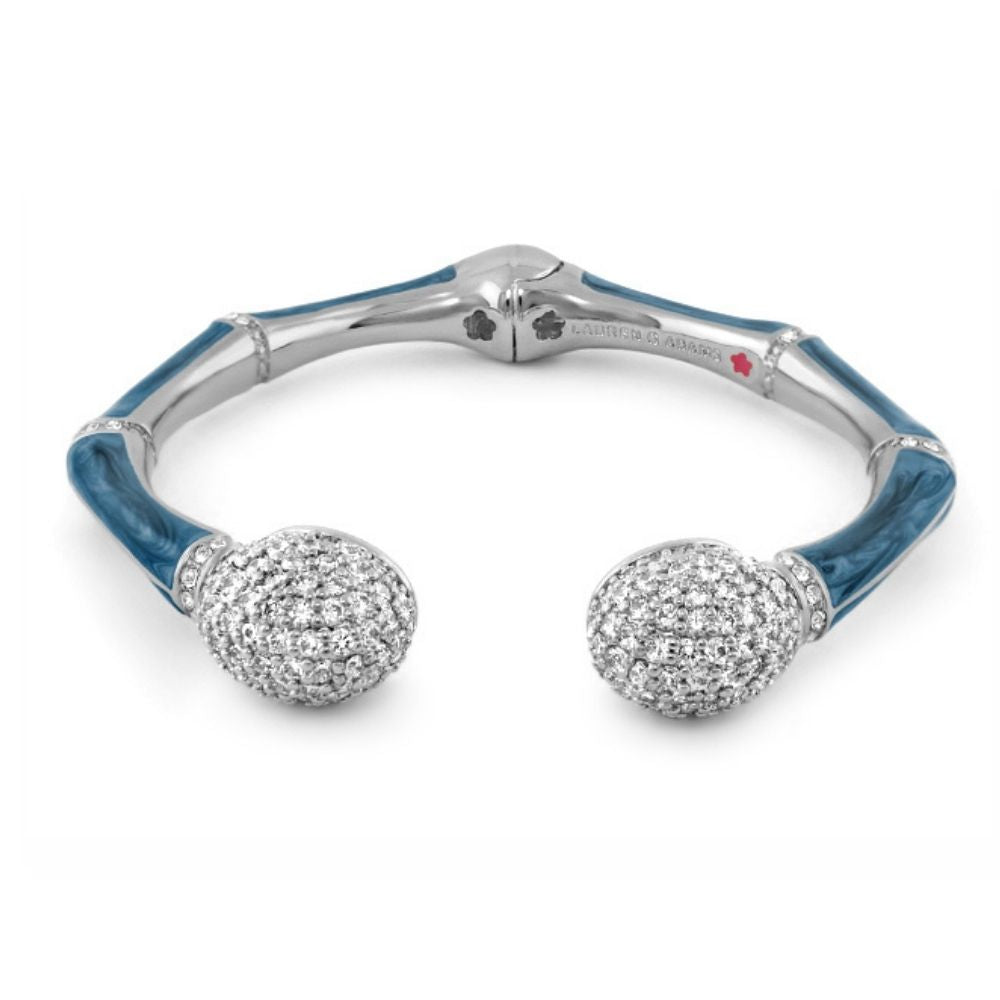 Bamboo Pave Bangle hinged bracelet in blue enamel with pave ball ends Lauren G Adams on Tampa Home & Garden Store