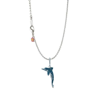 Eau Dolphin Pendant Necklace by Lauren G Adams, blue enamel dolphin pendant on silver chain on Tampa Home & Garden Store