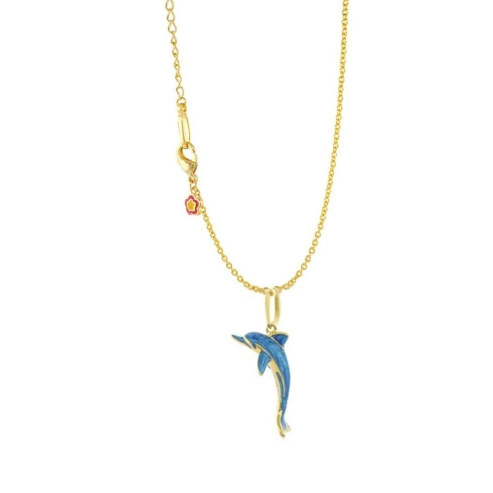 Eau Dolphin Necklace featuring a gold-tone chain, blue enamel dolphin pendant, and a small pink flower charm on Tampa Home & Garden Store