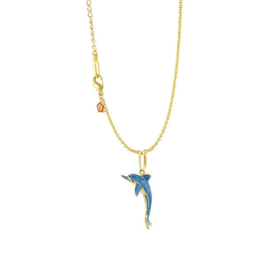 Eau Dolphin Necklace featuring a gold-tone chain, blue enamel dolphin pendant, and a small pink flower charm on Tampa Home & Garden Store