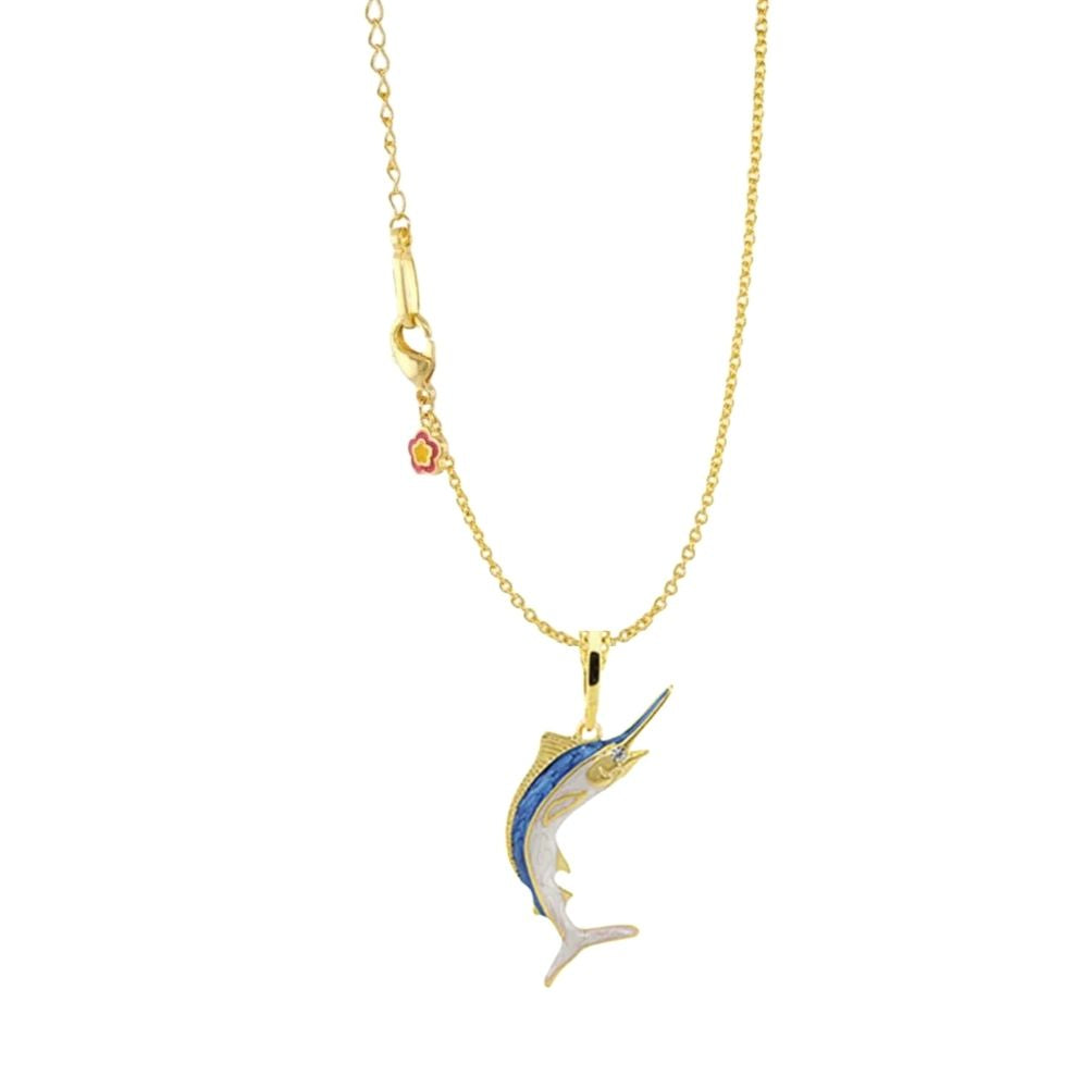 Aloha Marlin pendant necklace with gold chain, blue marlin charm, pink flower accent on Tampa Home & Garden Store