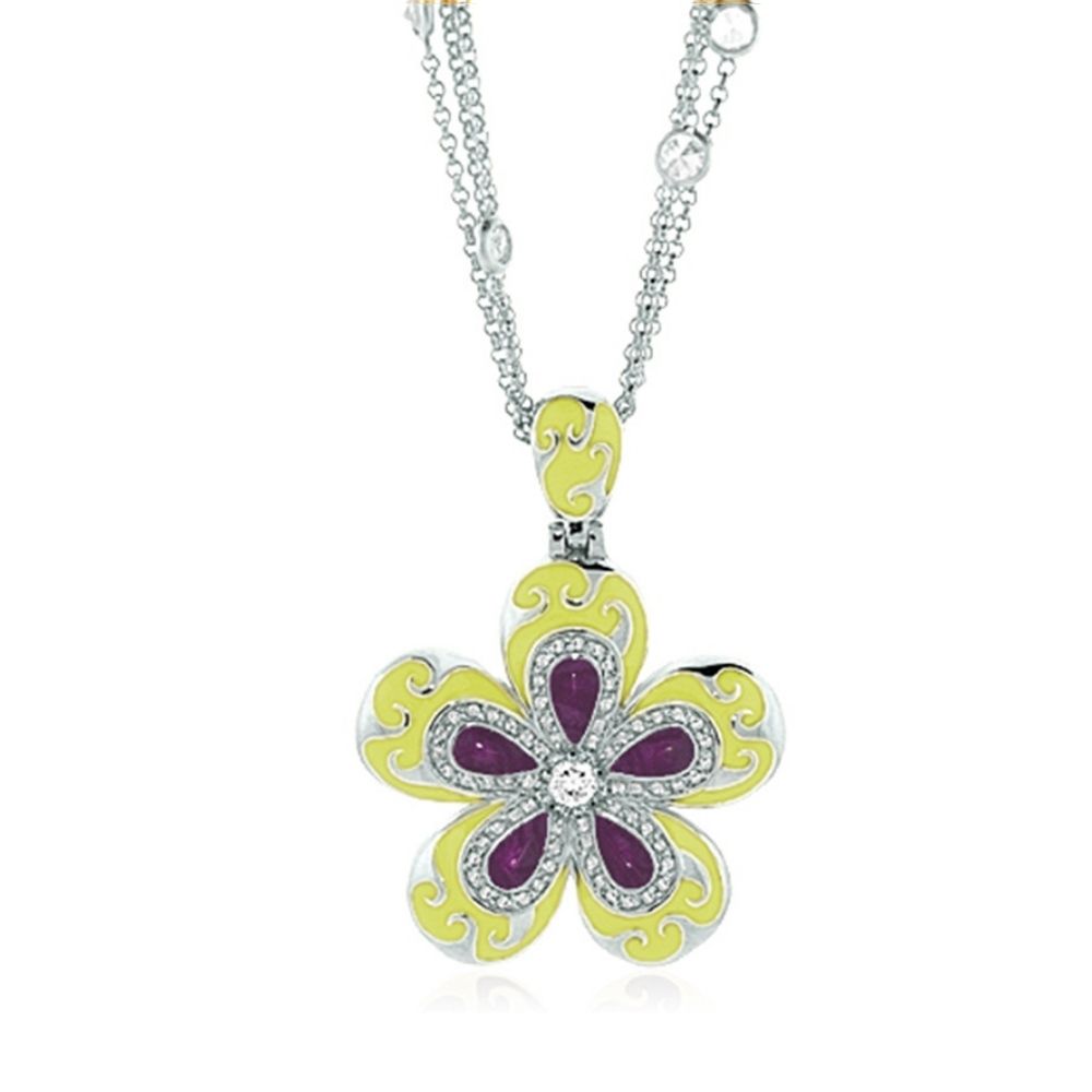 Happy Days Daisy necklace pendant in yellow with purple petals by Lauren G Adams, short necklace on Tampa Home & Garden Store