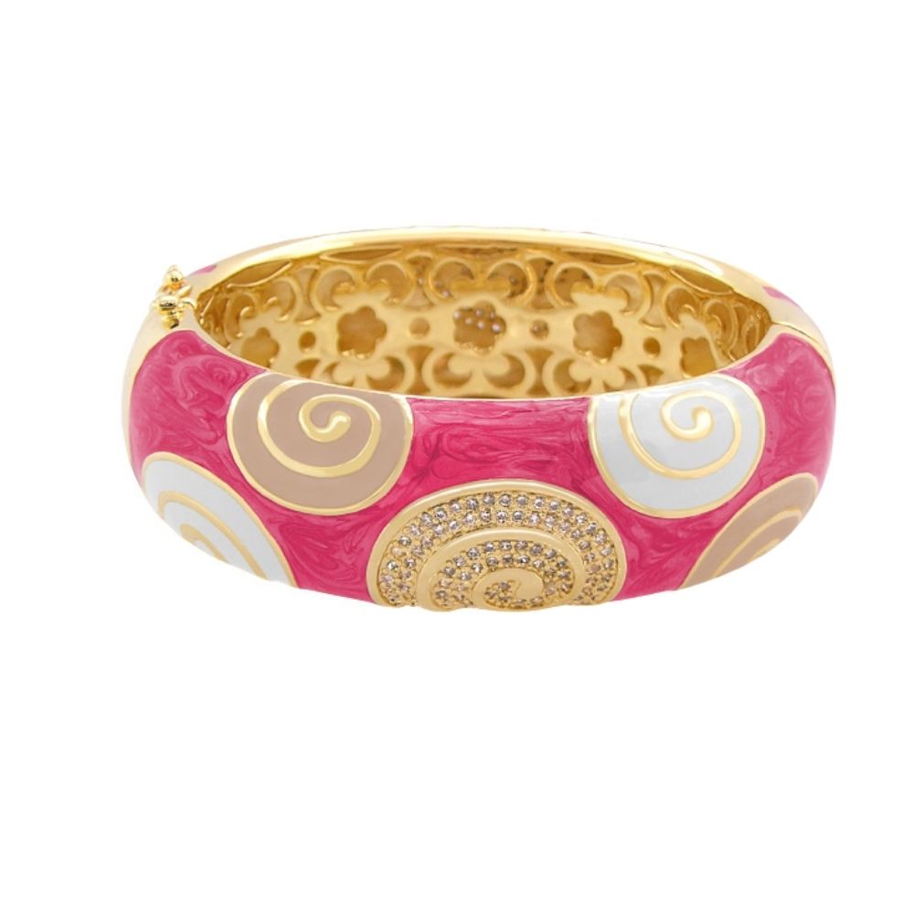 Signature Swirl Bangle pink enamel bracelet with gold-tone swirl motifs, hinged safety lock on Tampa Home & Garden Store