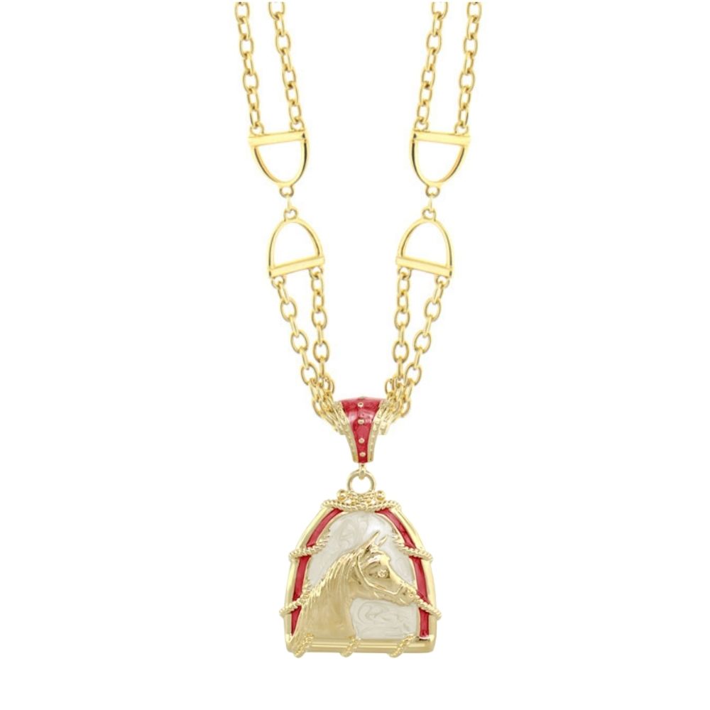 Equestrian necklace by Lauren G Adams with gold chain and horse head pendant in red enamel frame on Tampa Home & Garden Store