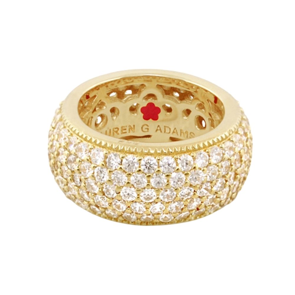Glamour Pave Band Ring gold-tone with diamond pavé; Lauren G Adams engraving and red flower logo on Tampa Home & Garden Store