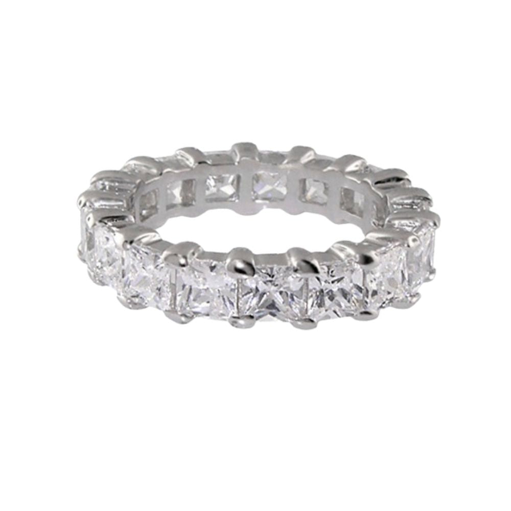 Glamour Pave Eternity Band — Princess-Cut Row, silver-tone ring with princess-cut stones on Tampa Home & Garden Store