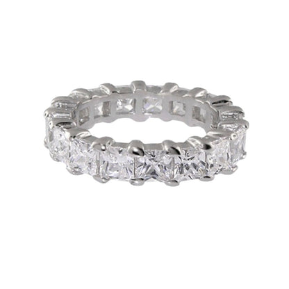 Glamour Pave Eternity Band — Princess-Cut Row, silver-tone ring with princess-cut stones on Tampa Home & Garden Store