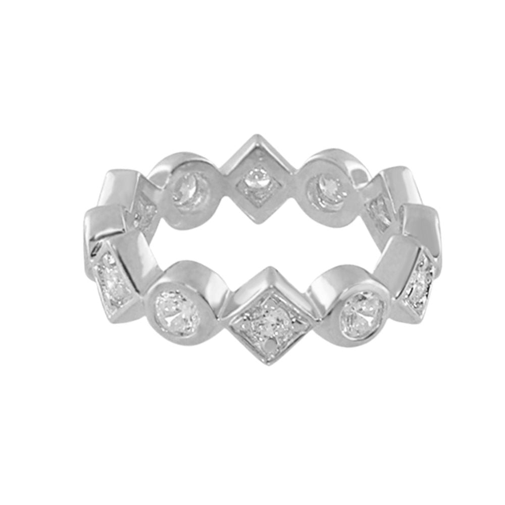 Pave 18K gold plated eternity ring with silver-toned geometric settings and pavé stones on Tampa Home & Garden Store