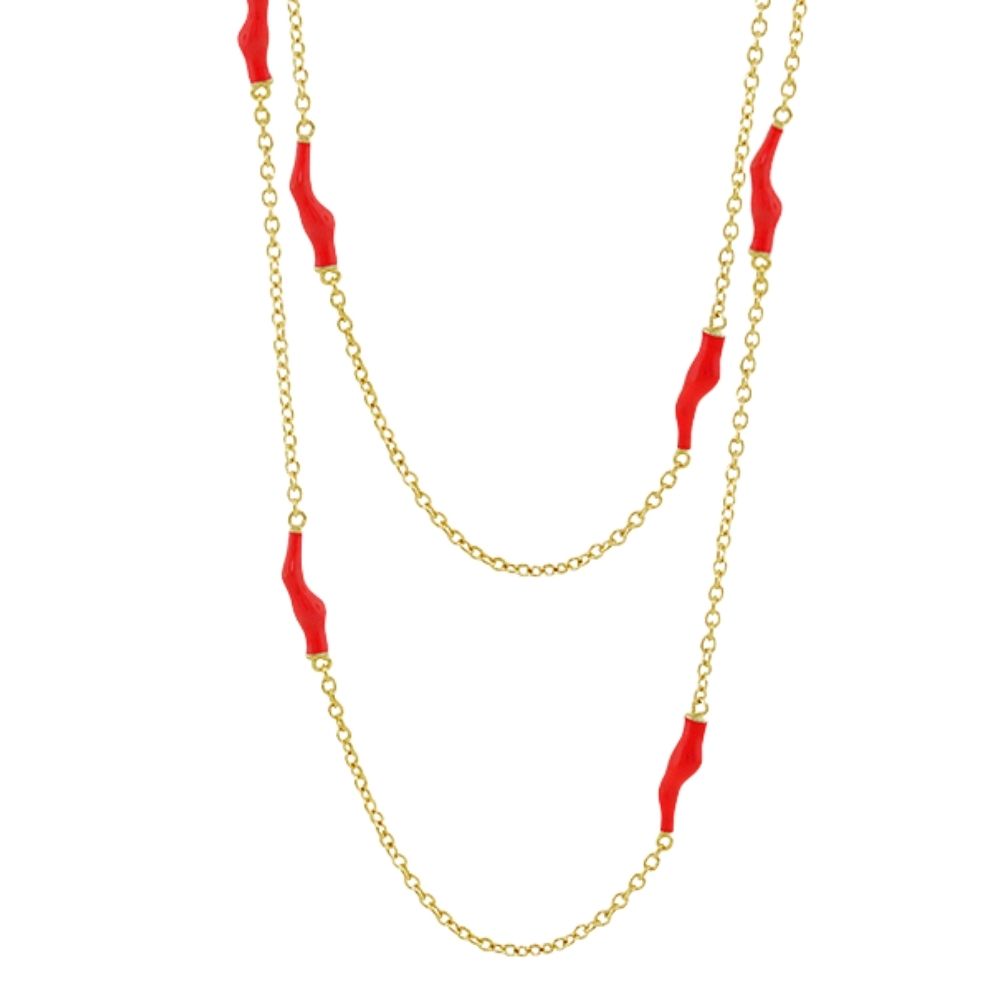 Eau Necklace two-layer gold-tone long chain with red coral beads by Lauren G Adams on Tampa Home & Garden Store