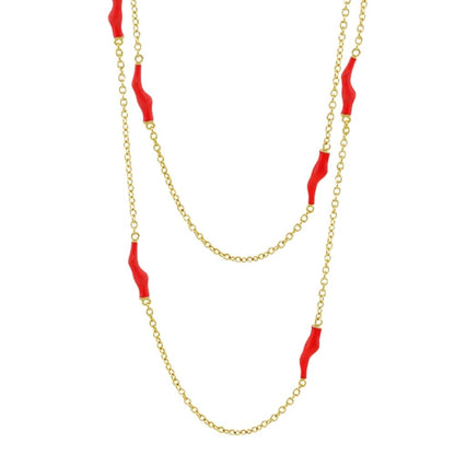 Eau Necklace two-layer gold-tone long chain with red coral beads by Lauren G Adams on Tampa Home & Garden Store
