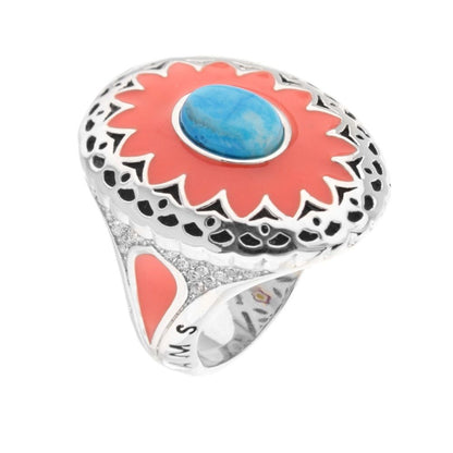 Infinity Cocktail Ring by Lauren G Adams, coral enamel flower with turquoise center, silver on Tampa Home & Garden Store