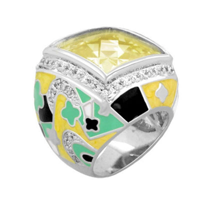 Fun Clover Cocktail Ring by Lauren G Adams, yellow gemstone, green clover enamel, pavé diamonds on Tampa Home & Garden Store