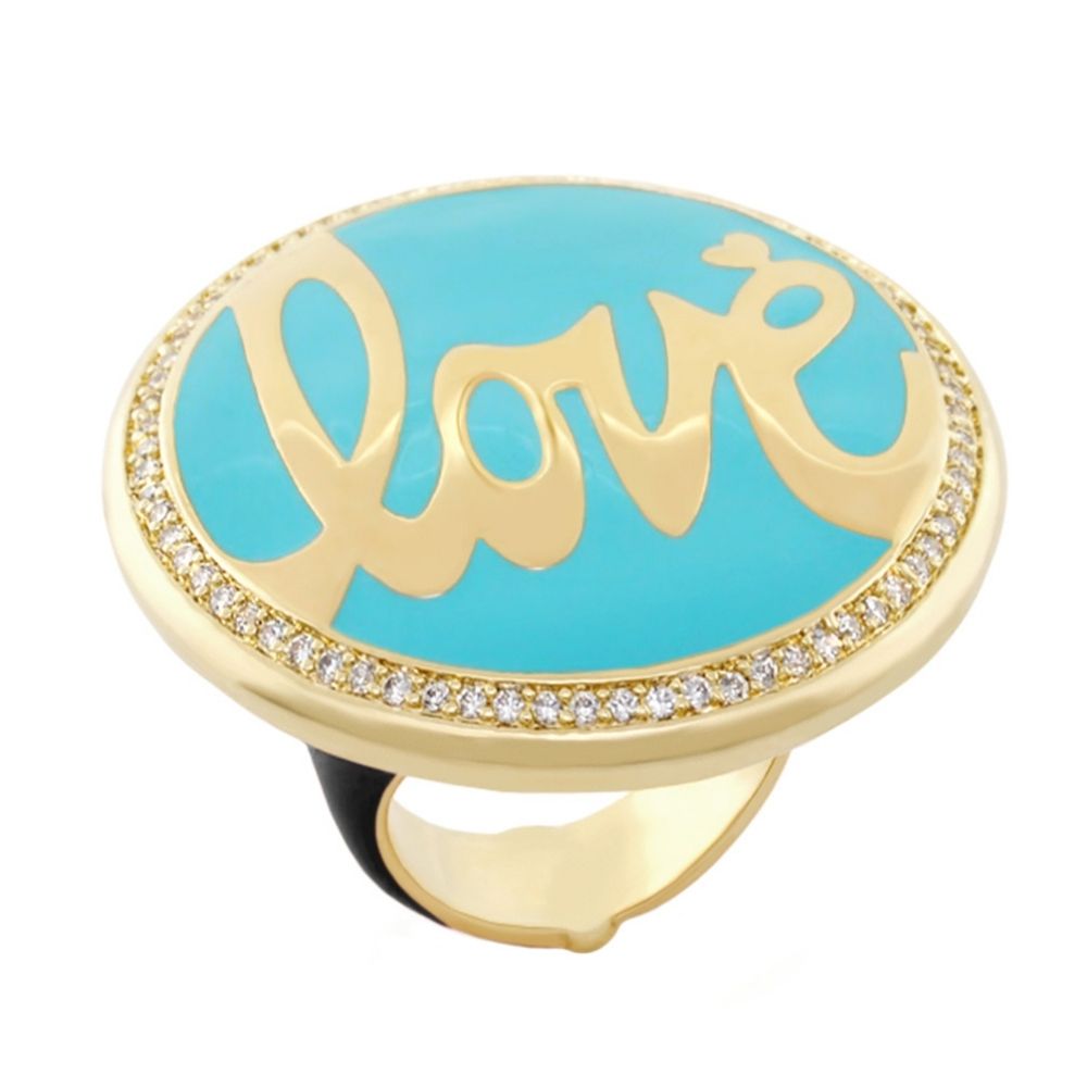 Love Rocks Ring turquoise enamel cocktail ring with gold scripted Love and diamond bezel on Tampa Home & Garden Store