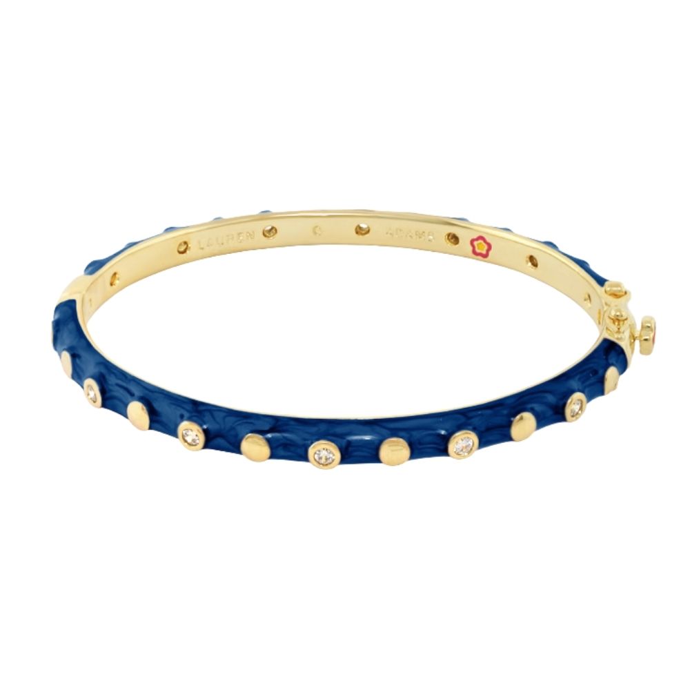 Stackable Fiesta Dot Bangle blue enamel bracelet by Lauren G Adams with gold dots on Tampa Home & Garden Store