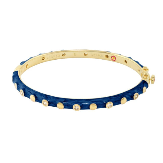 Stackable Fiesta Dot Bangle blue enamel bracelet by Lauren G Adams with gold dots on Tampa Home & Garden Store