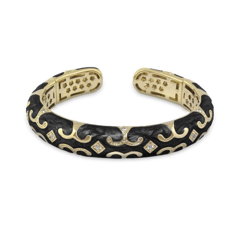 Enamel Scroll Cuff hinged bangle Black enamel with gold scrolls and crystals by Lauren G Adams on Tampa Home & Garden Store