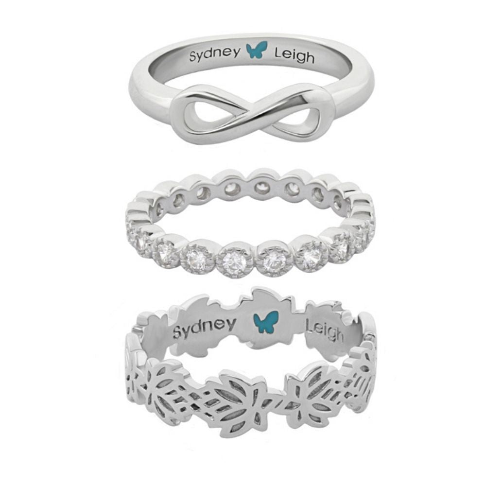 Sydney Leigh Infinity & Lotus Flower rings set of 3 in silver tone with infinity and lotus motif on Tampa Home & Garden Store