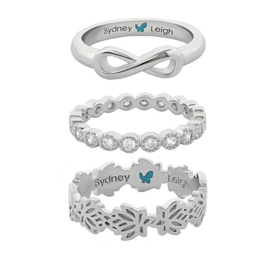Sydney Leigh Infinity & Lotus Flower rings set of 3 in silver tone with infinity and lotus motif on Tampa Home & Garden Store
